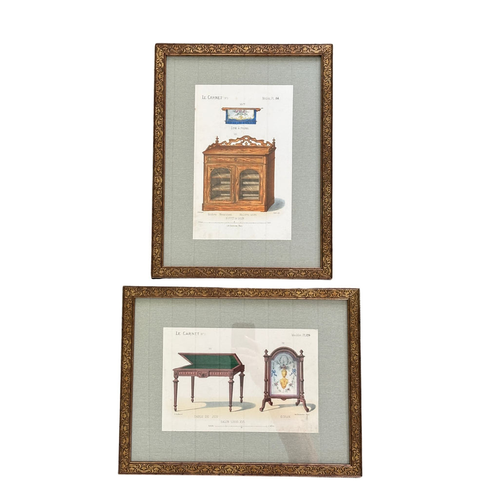 Pair of 19th Century French Furniture Lithographs, Custom Framed
