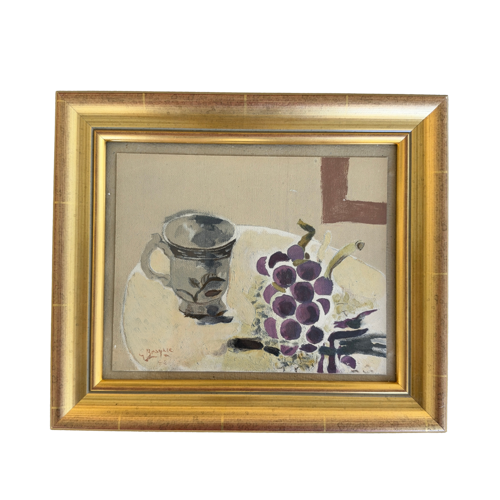 Vintage Signed Grapes & Cup Still Life Oil Painting