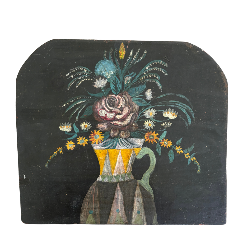 Antique Folk Art Floral Still Life on Wood Panel