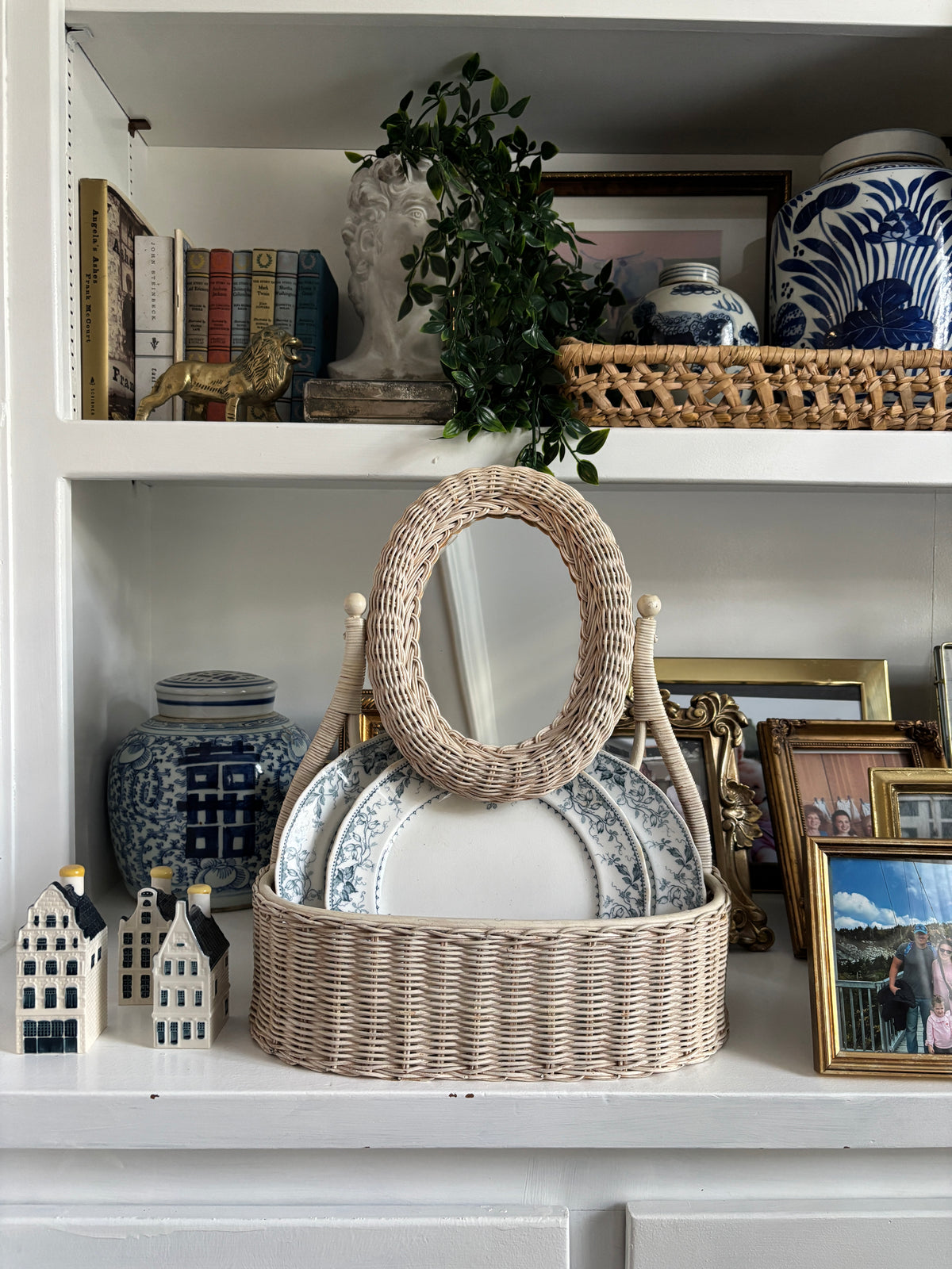 Vintage Rattan Vanity Tilt Mirror and Storage Basket