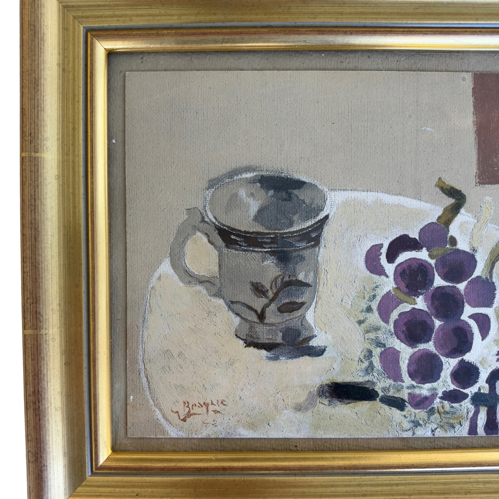 Vintage Signed Grapes & Cup Still Life Oil Painting
