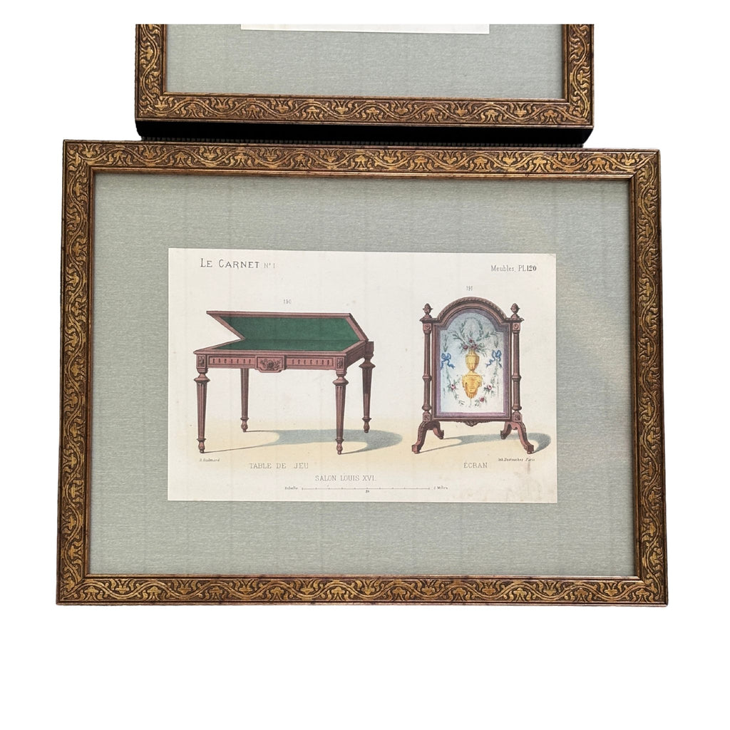 Pair of 19th Century French Furniture Lithographs, Custom Framed