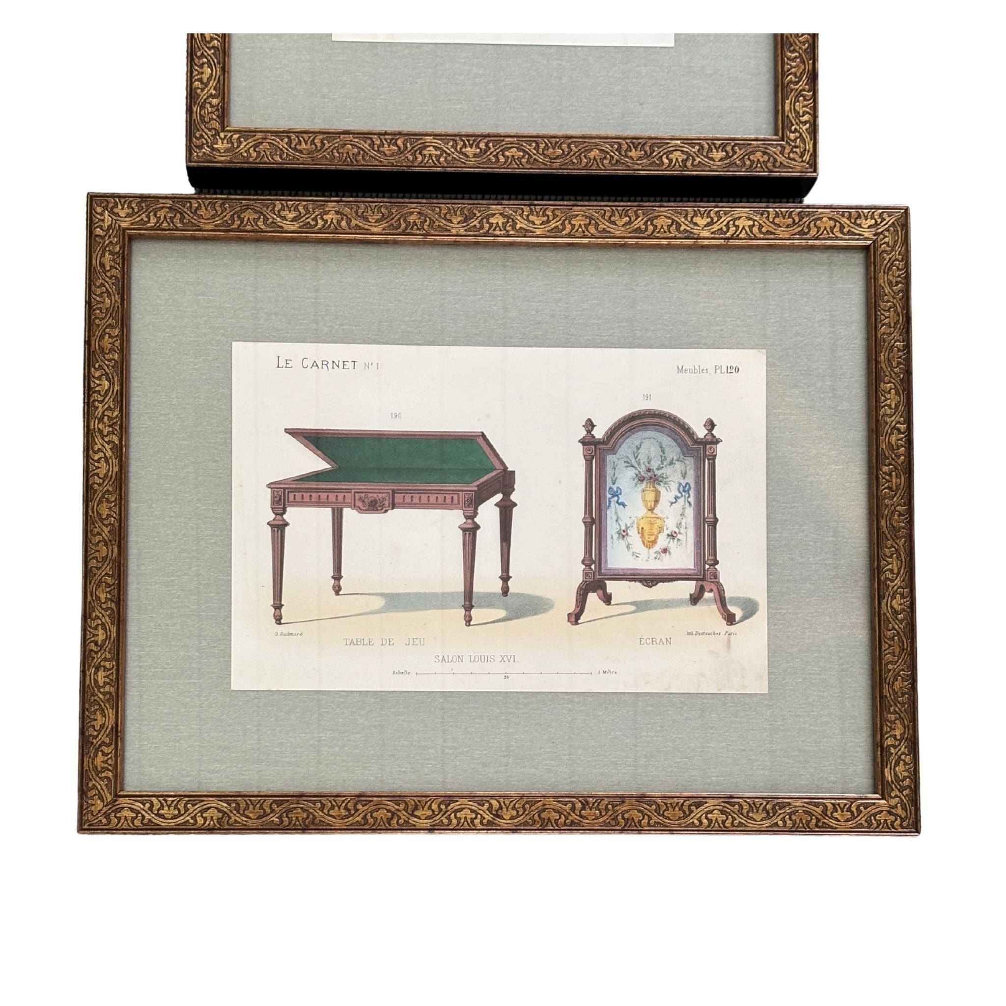 Pair of 19th Century French Furniture Lithographs, Custom Framed