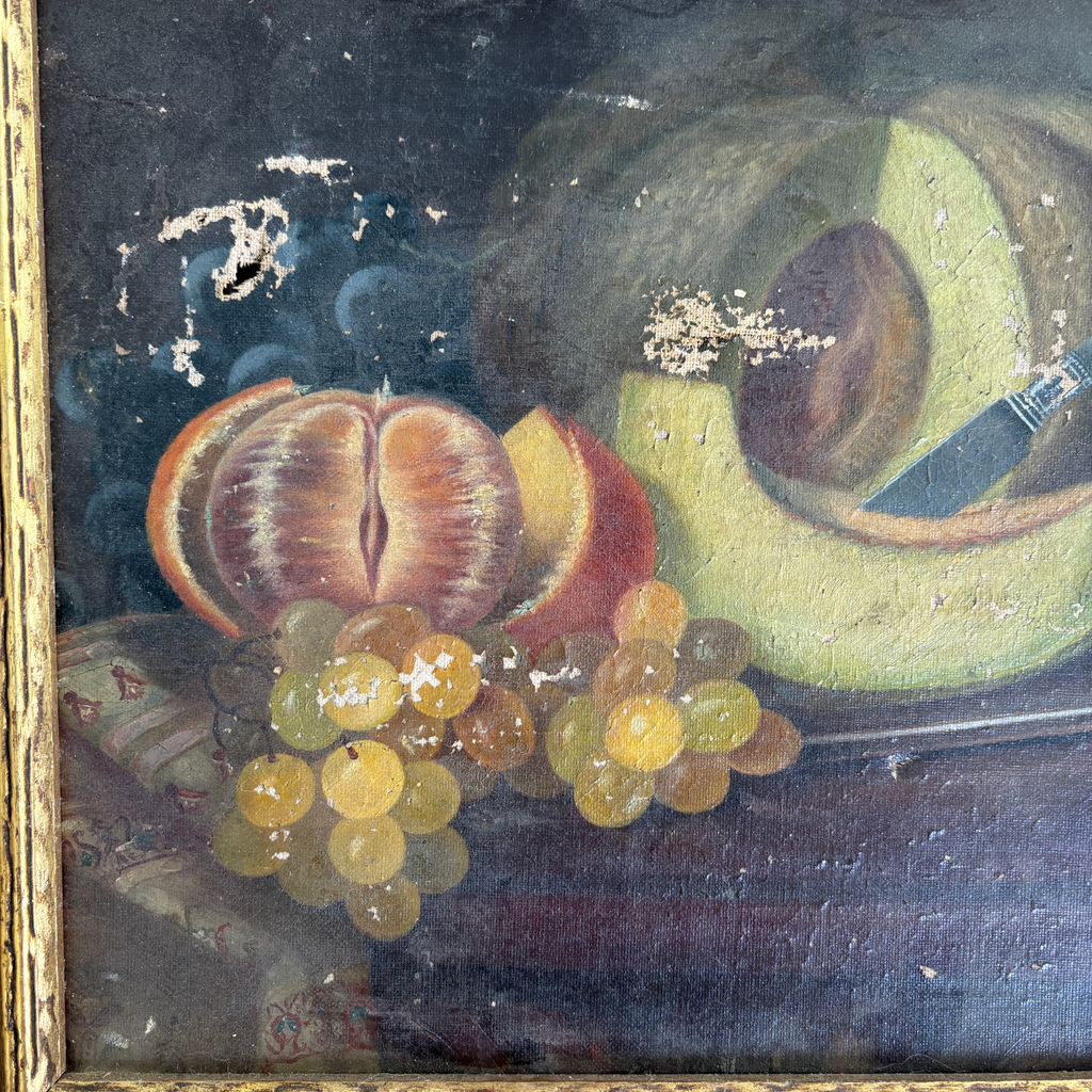 Antique Oil Still Life with Melon & Grapes