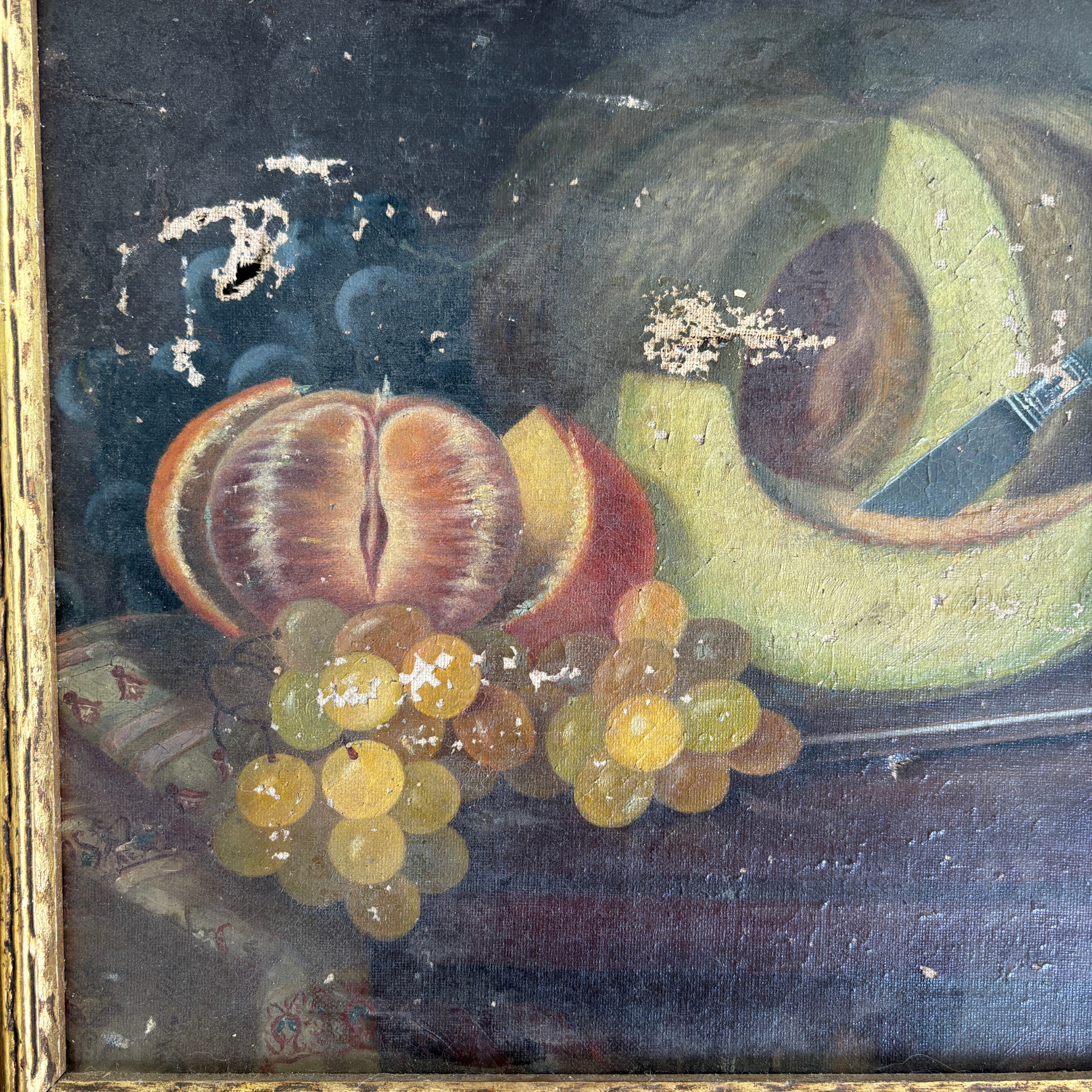 Antique Oil Still Life with Melon & Grapes