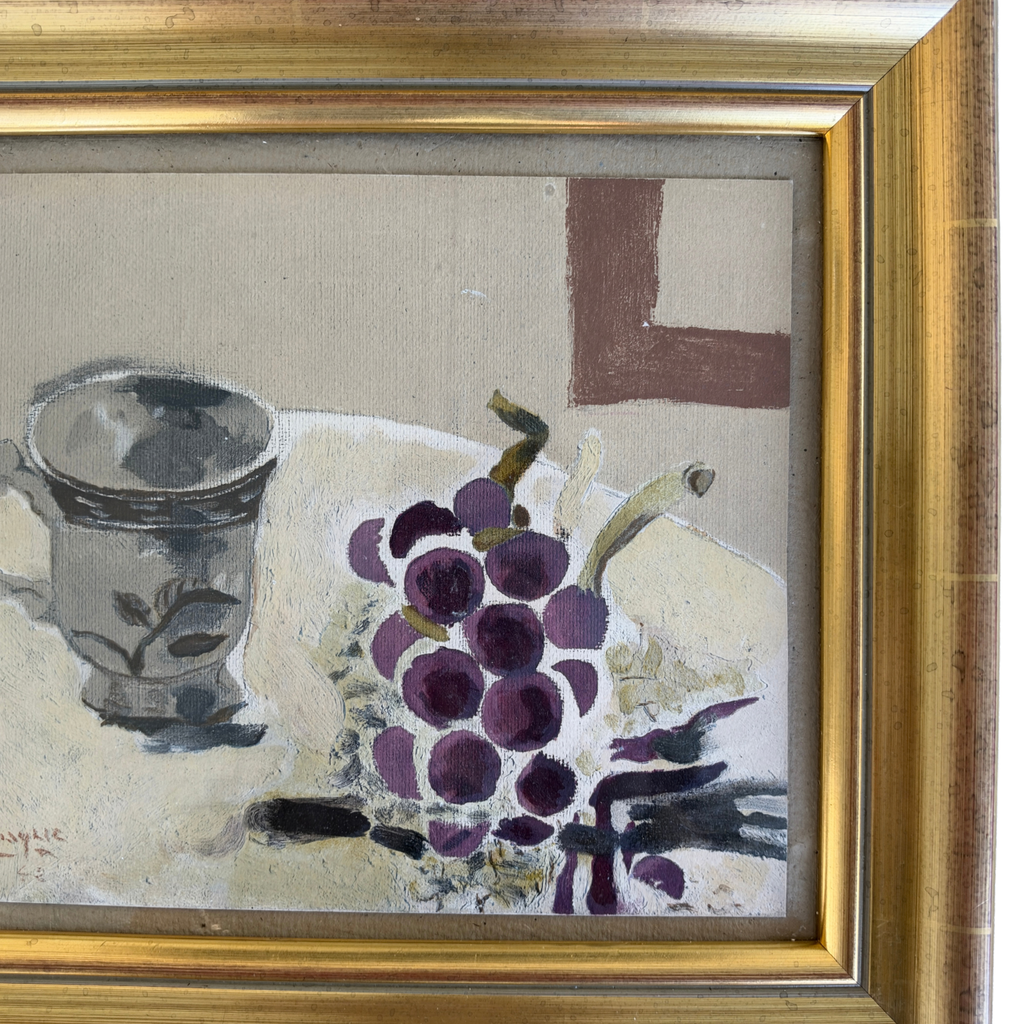 Vintage Signed Grapes & Cup Still Life Oil Painting
