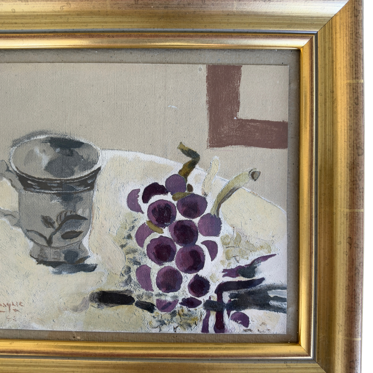Vintage Signed Grapes & Cup Still Life Oil Painting