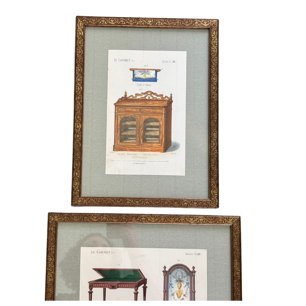 Pair of 19th Century French Furniture Lithographs, Custom Framed