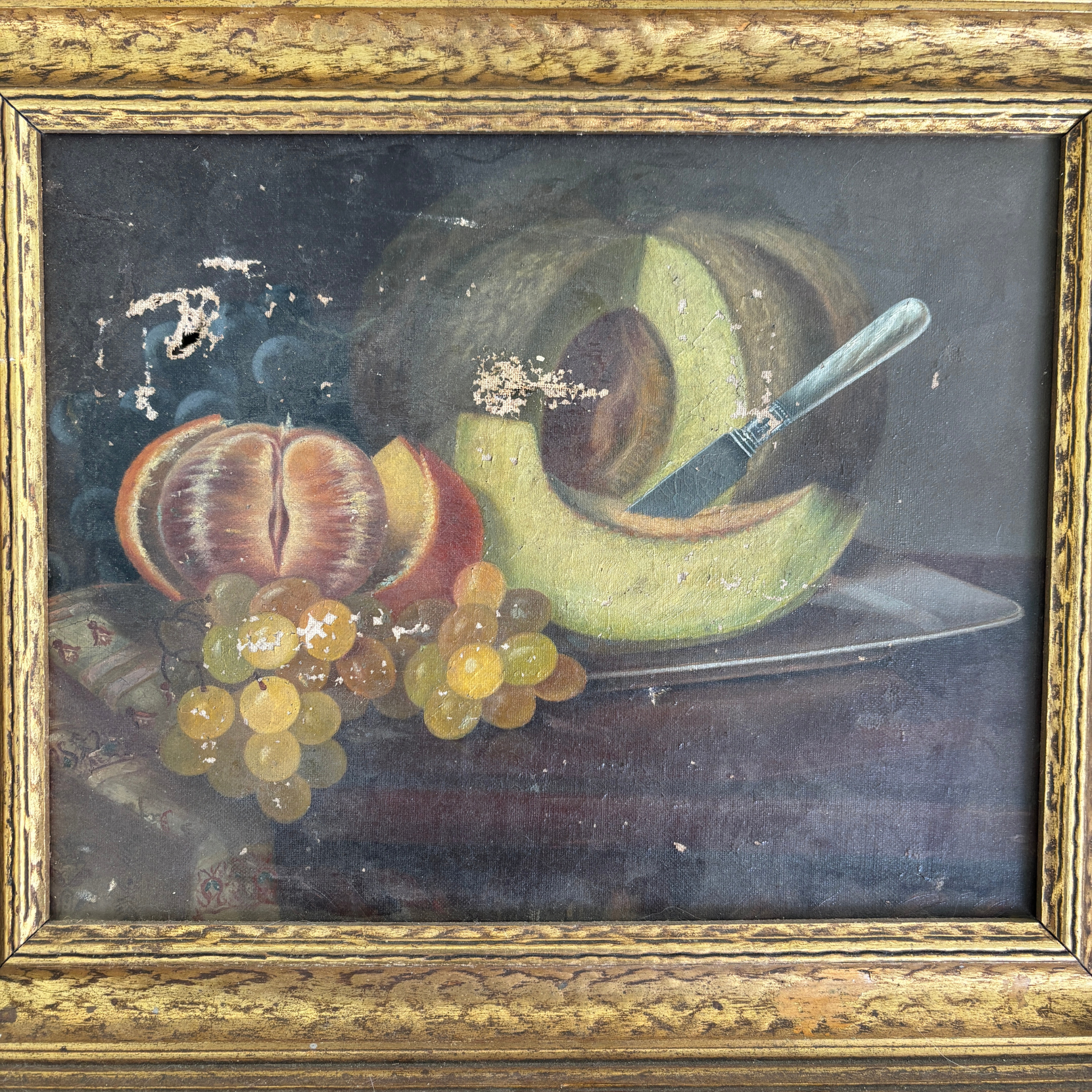 Antique Oil Still Life with Melon & Grapes
