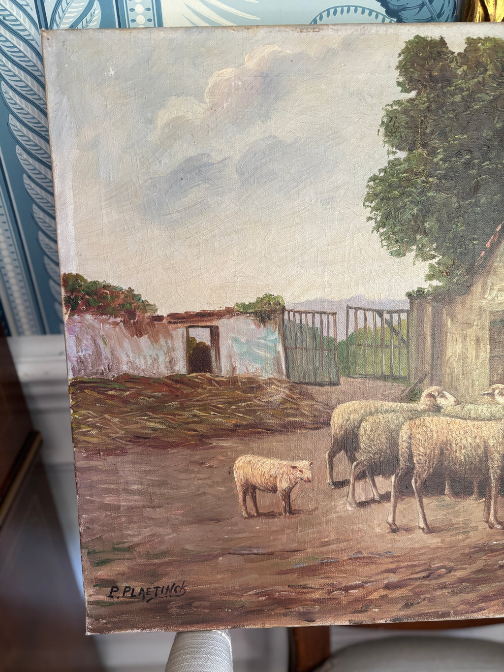Early 20th century pastoral sheep oil painting
