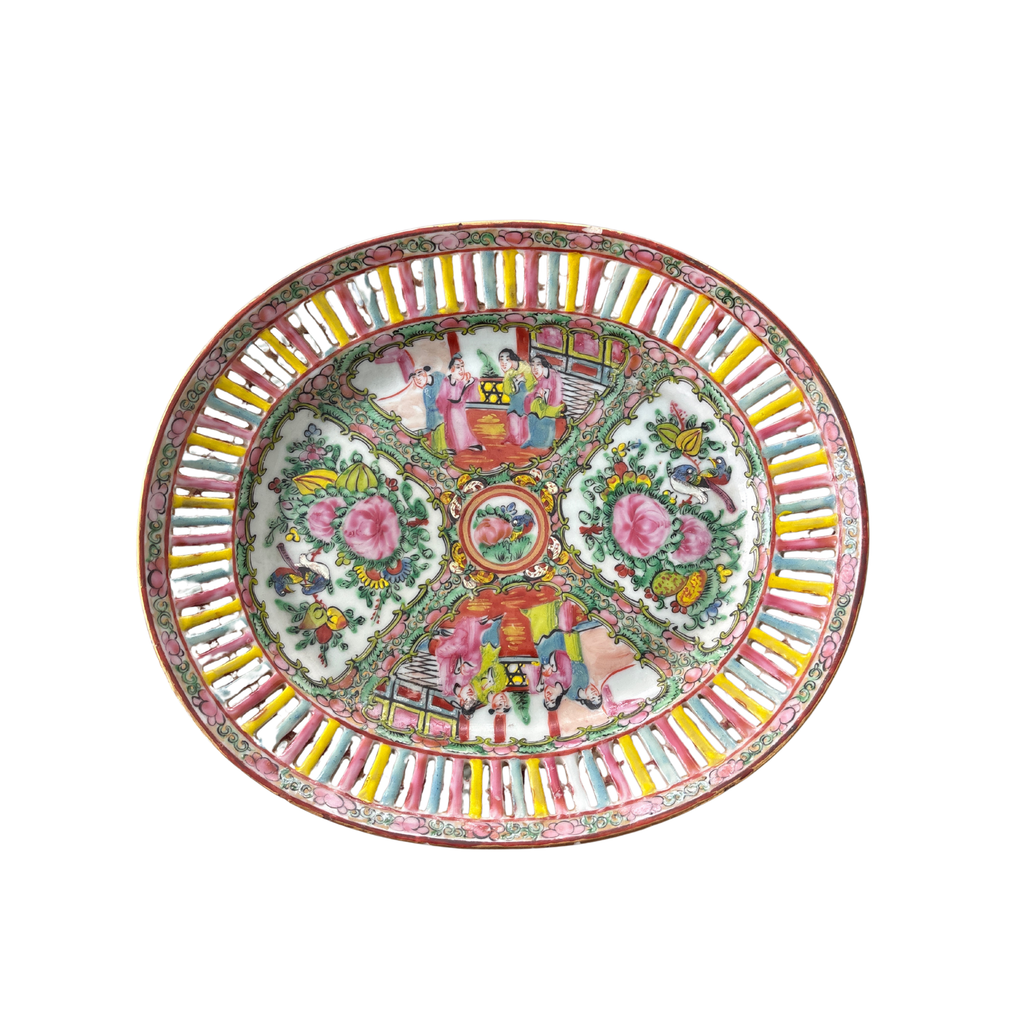 20th Century Reticulated Rose Medallion Basket and Platter