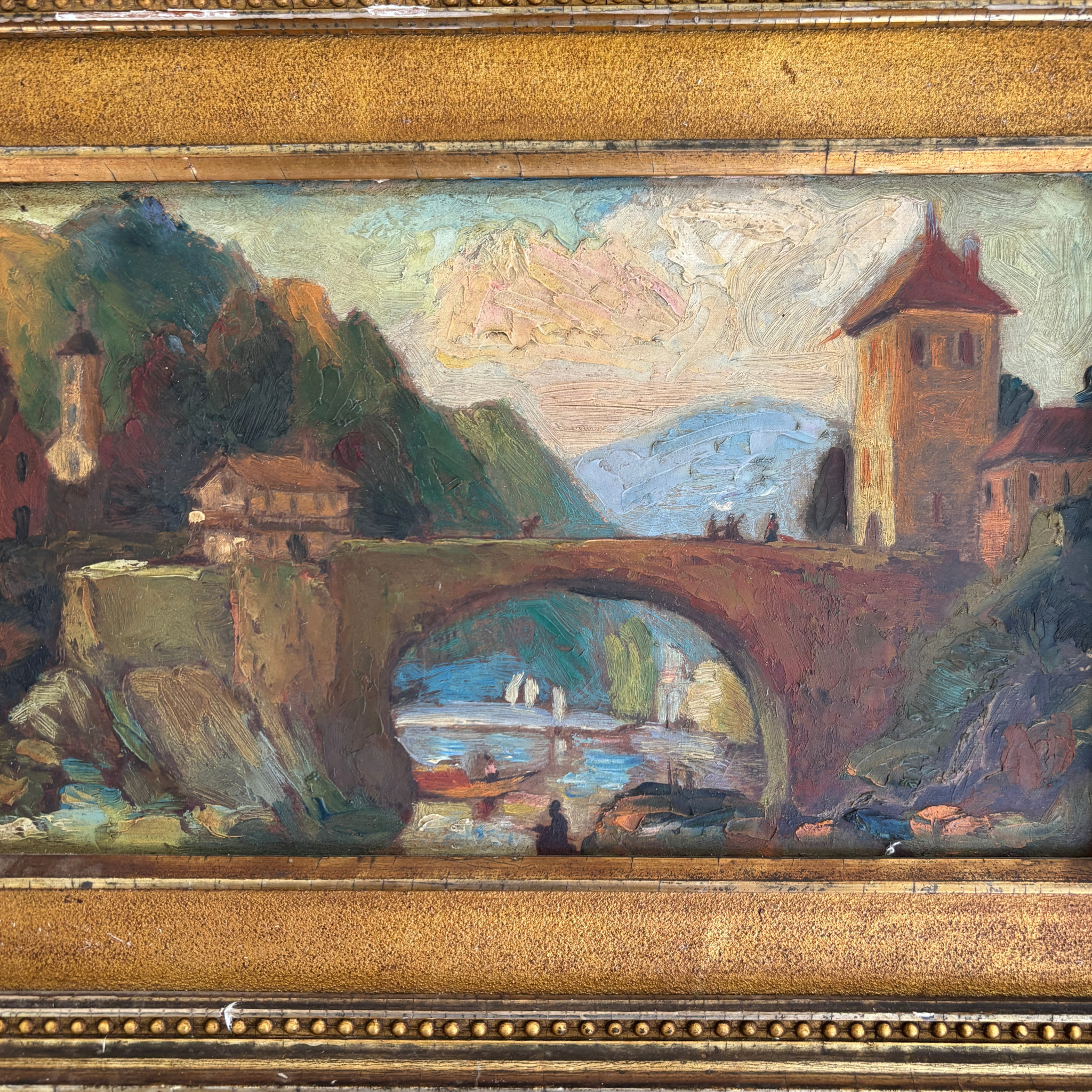 Early 20th Century European Village Oil Painting