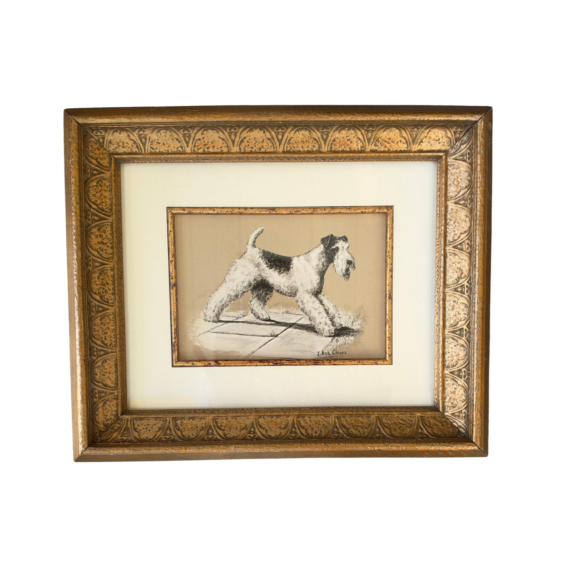 Vintage Wire Fox Terrier Bookplate in Ornate Gilt Frame