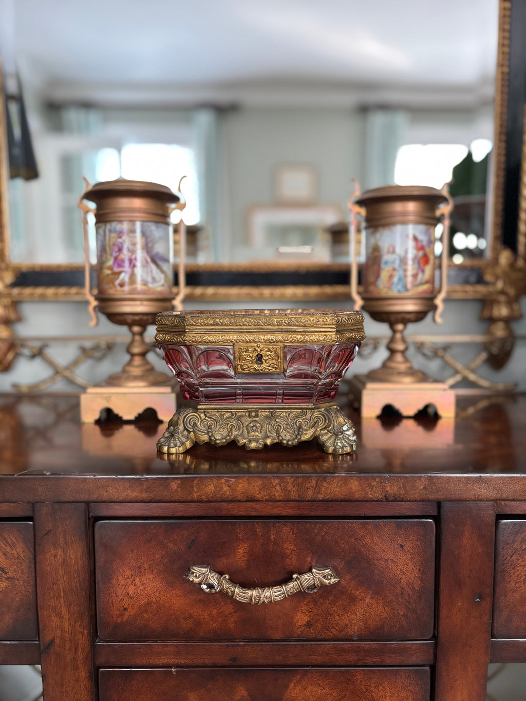 Antique Continental Cranberry Jewelry Casket