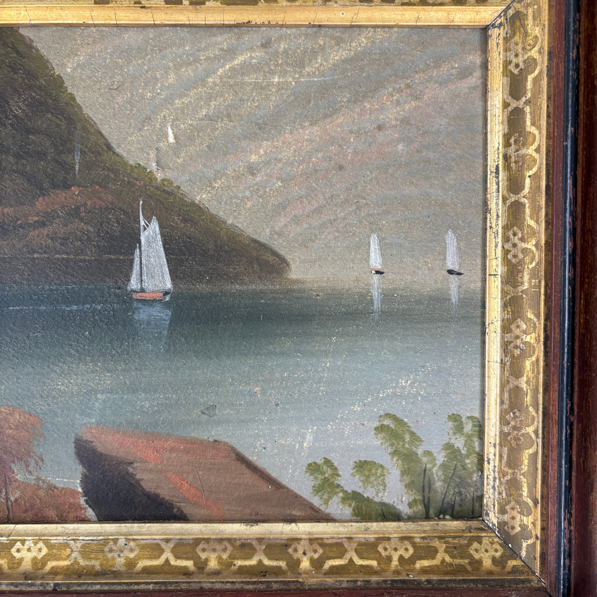 Antique Sailboat Oil Painting