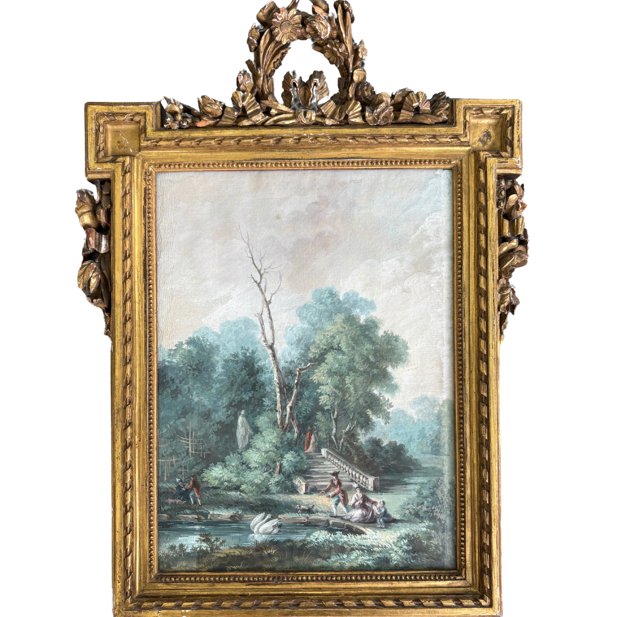 Antique European Pastoral Landscape in Carved Giltwood Frame