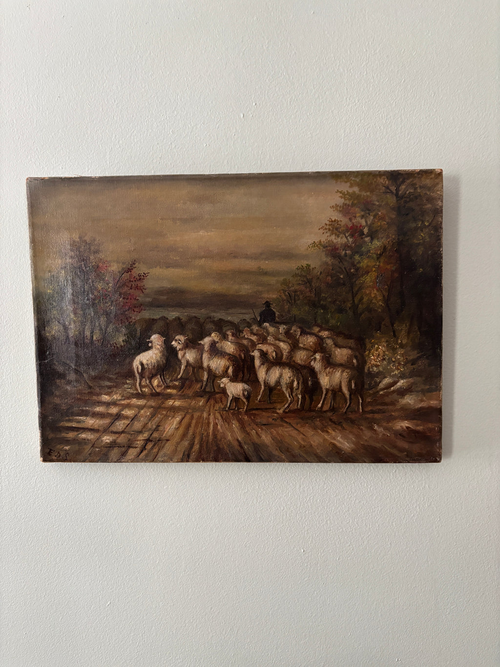 Antique pastoral sheep oil painting