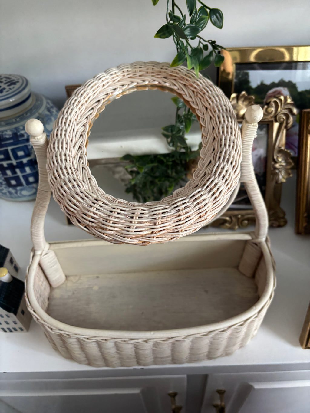 Vintage Rattan Vanity Tilt Mirror and Storage Basket