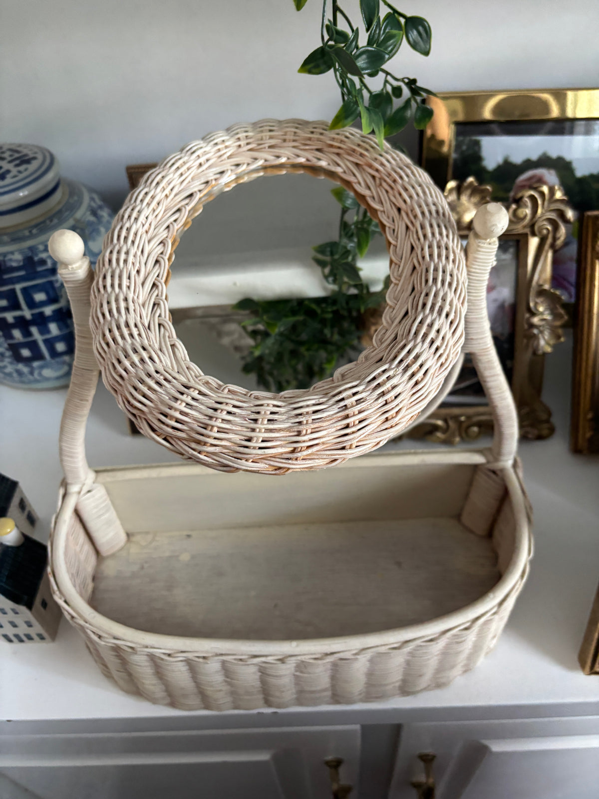 Vintage Rattan Vanity Tilt Mirror and Storage Basket