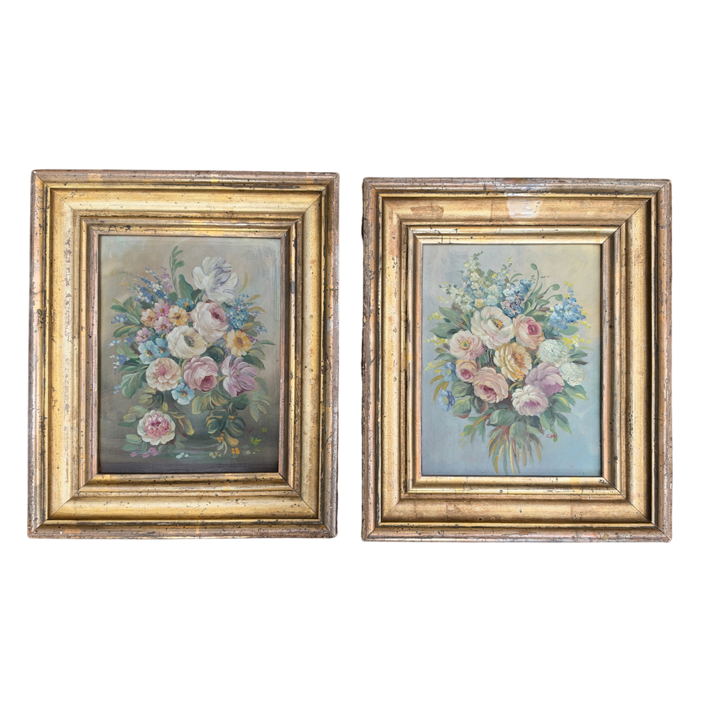 Pair of Framed Antique Austrian Floral Oil Paintings on Copper.