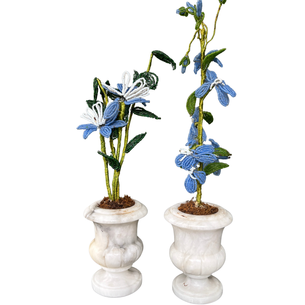Pair of Vintage Italian Beaded Flowers in Marble Urns