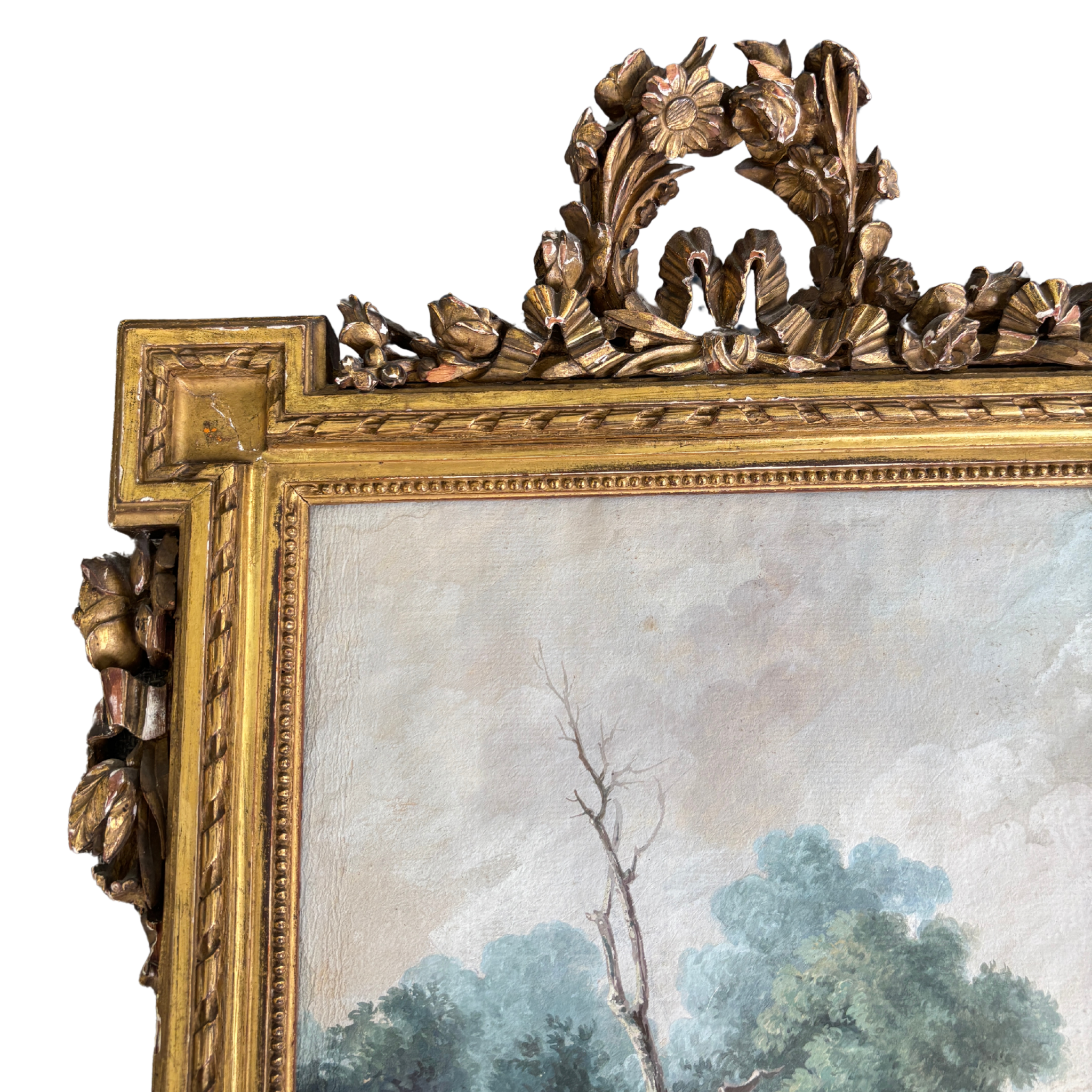 Antique European Pastoral Landscape in Carved Giltwood Frame