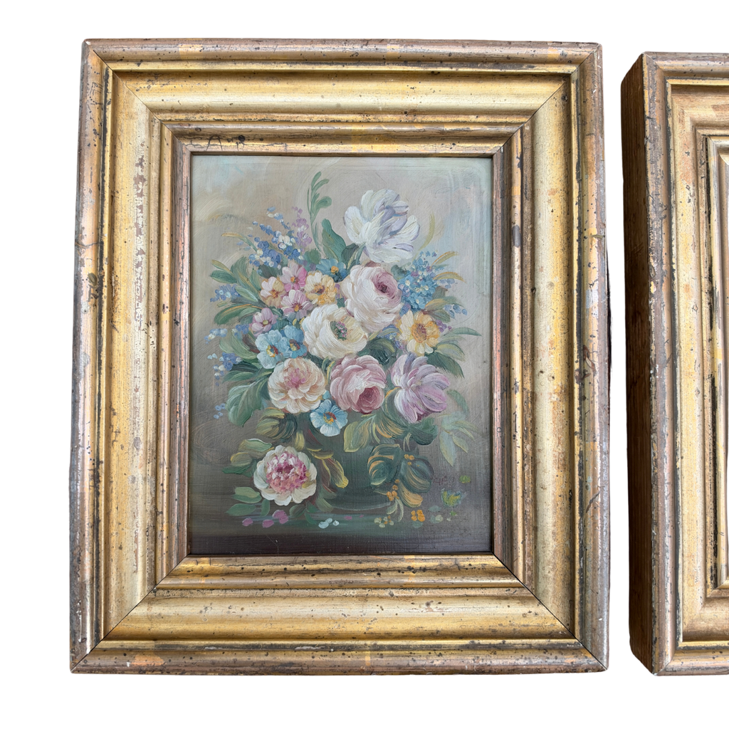 Pair of Framed Antique Austrian Floral Oil Paintings on Copper.