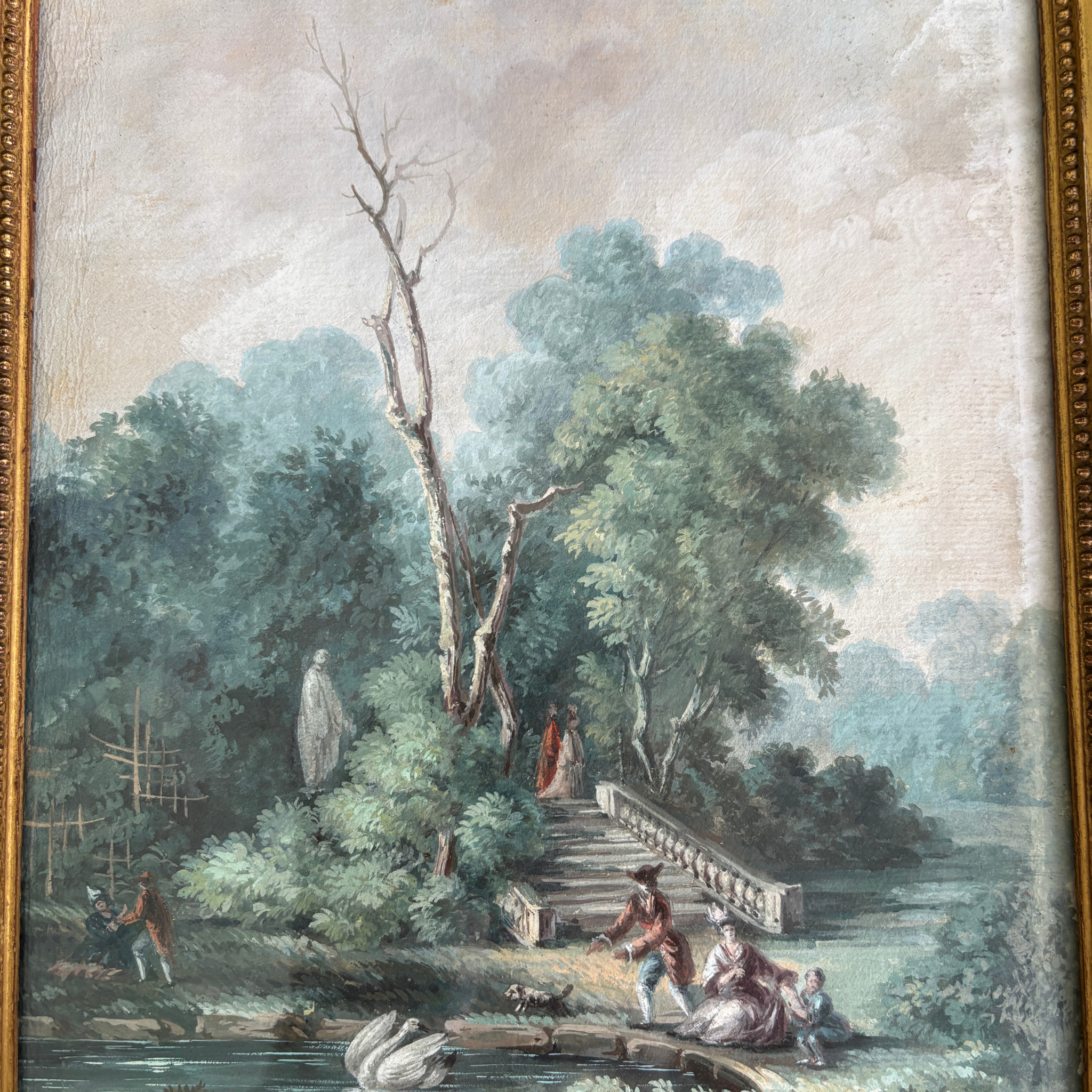Antique European Pastoral Landscape in Carved Giltwood Frame