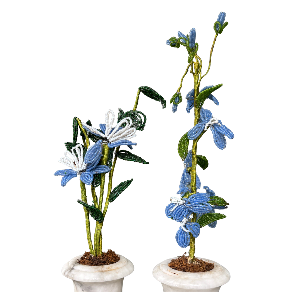 Pair of Vintage Italian Beaded Flowers in Marble Urns