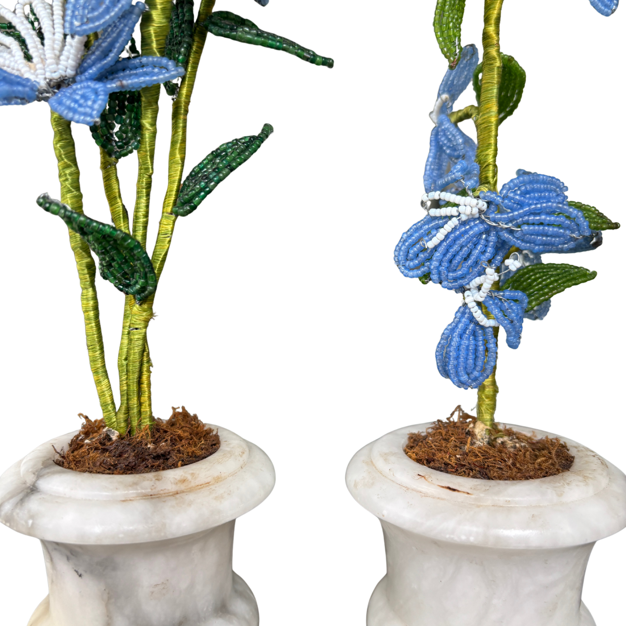 Pair of Vintage Italian Beaded Flowers in Marble Urns
