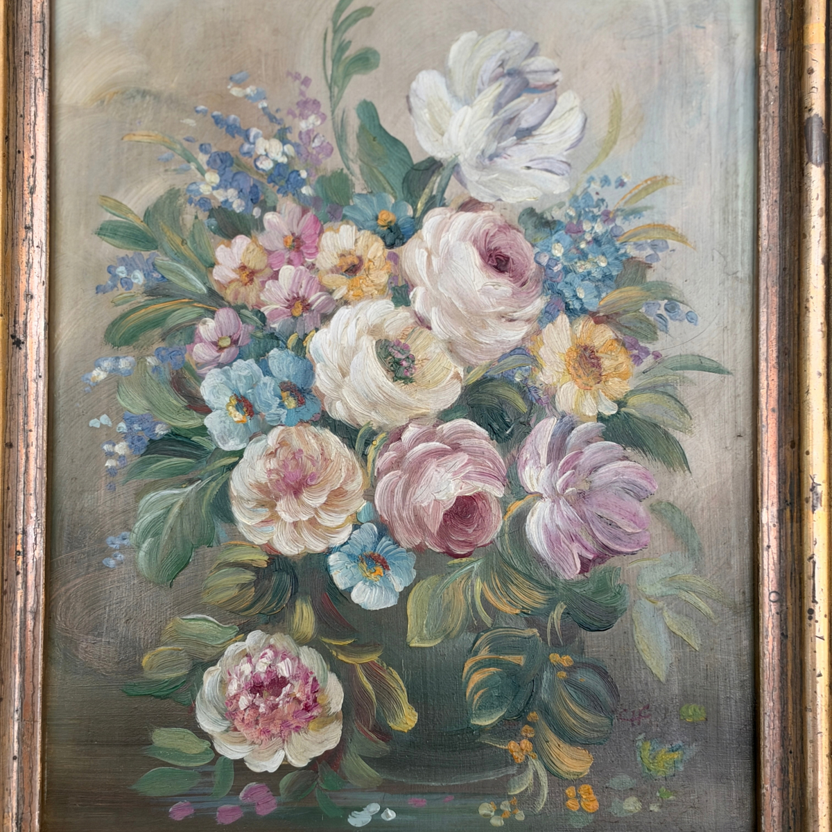 Pair of Framed Antique Austrian Floral Oil Paintings on Copper.