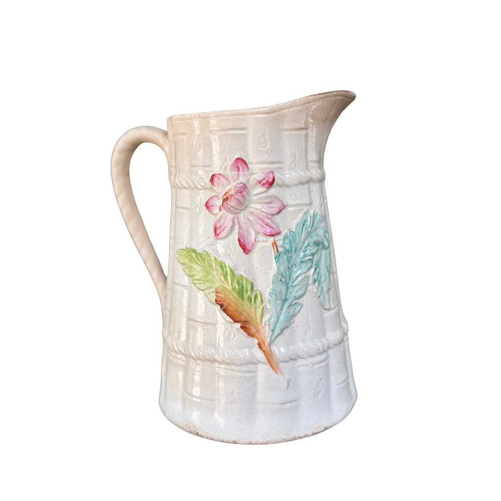 Antique Majolica Floral Bamboo Pitcher