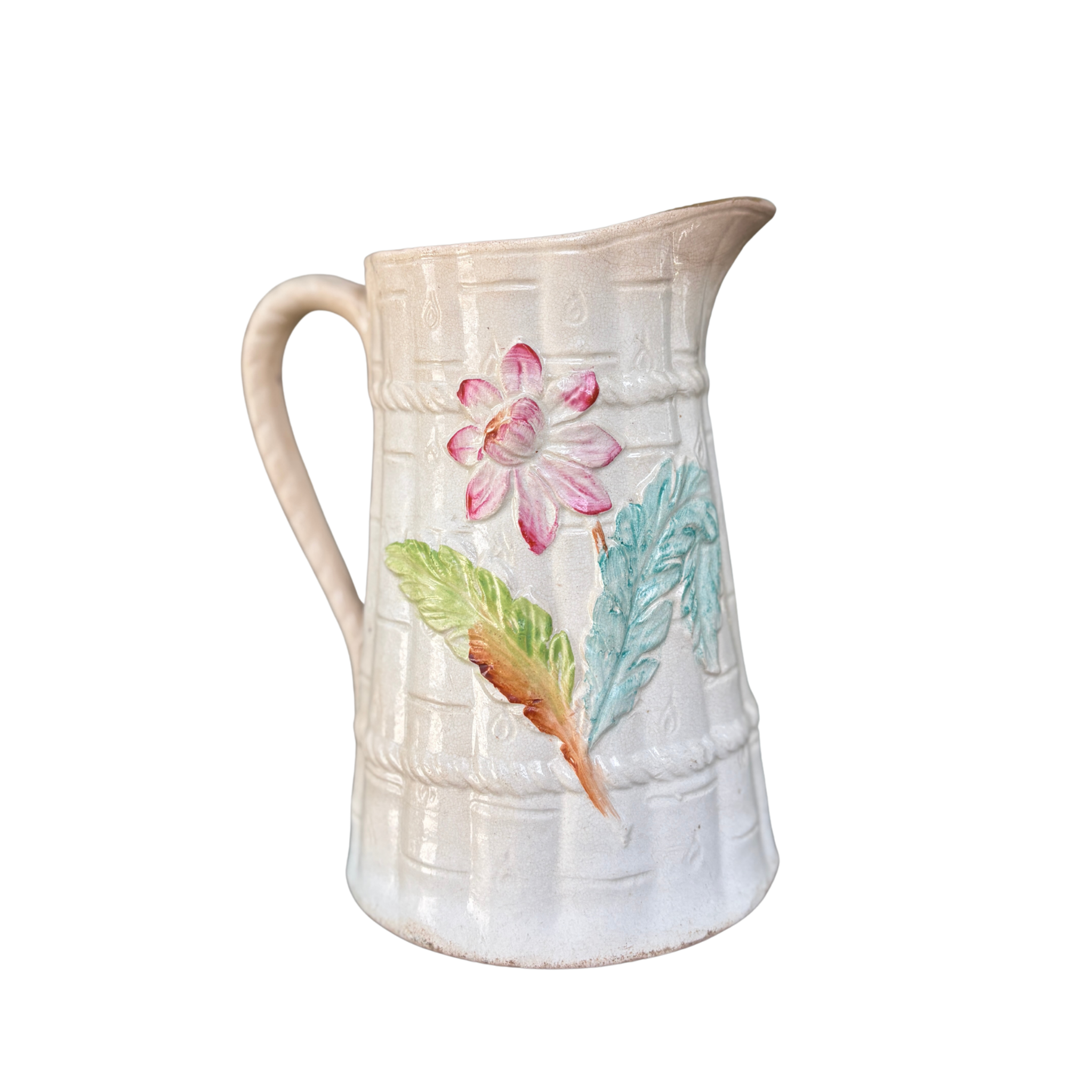 Antique Majolica Floral Bamboo Pitcher