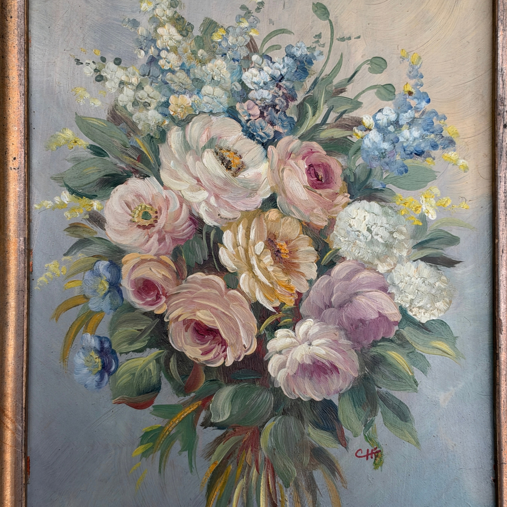 Pair of Framed Antique Austrian Floral Oil Paintings on Copper.