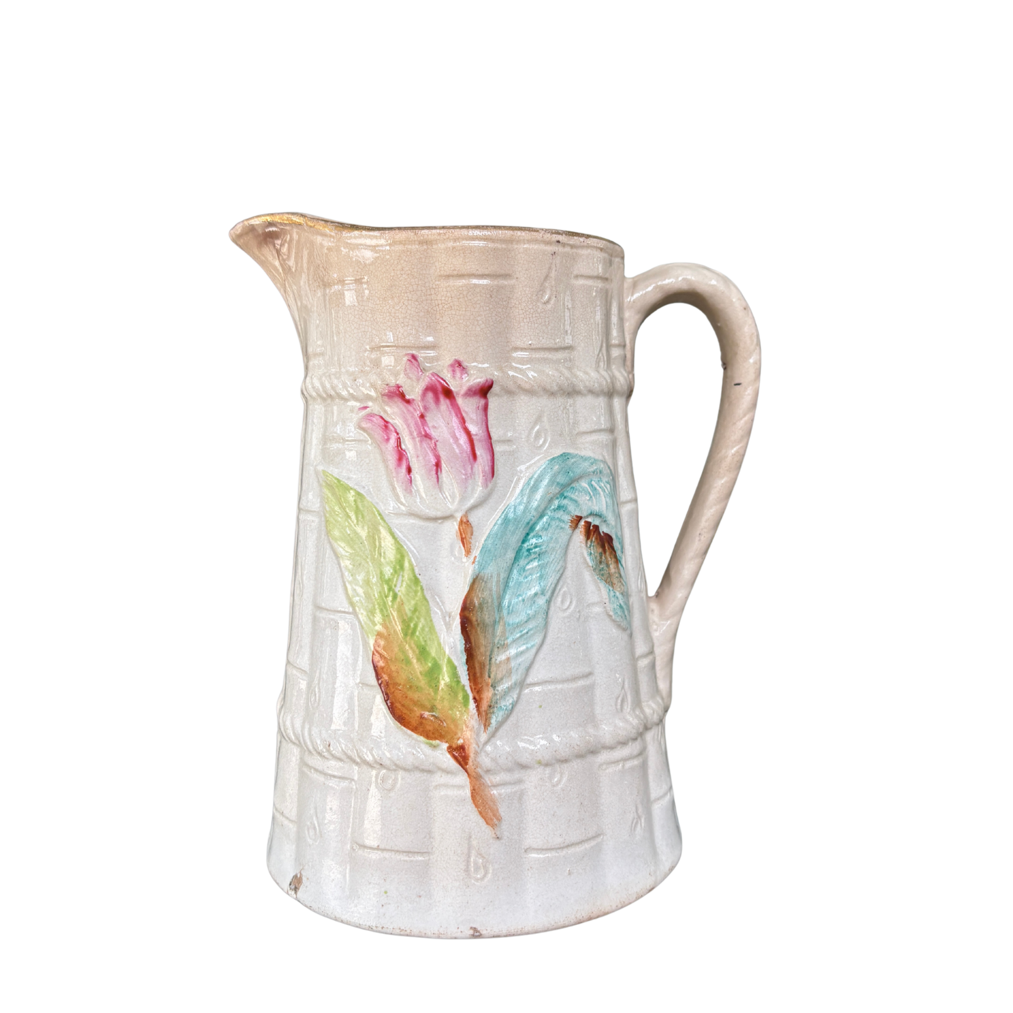 Antique Majolica Floral Bamboo Pitcher