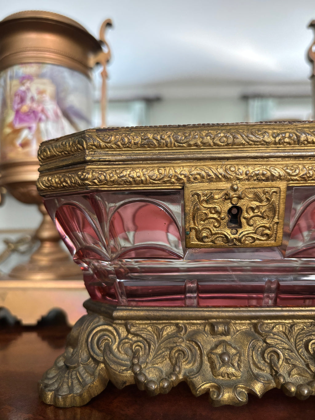 Antique Continental Cranberry Jewelry Casket