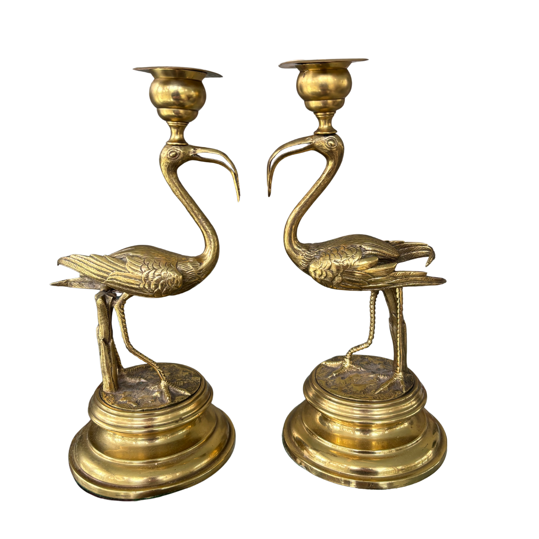 Laquered Brass Crane Candleholders