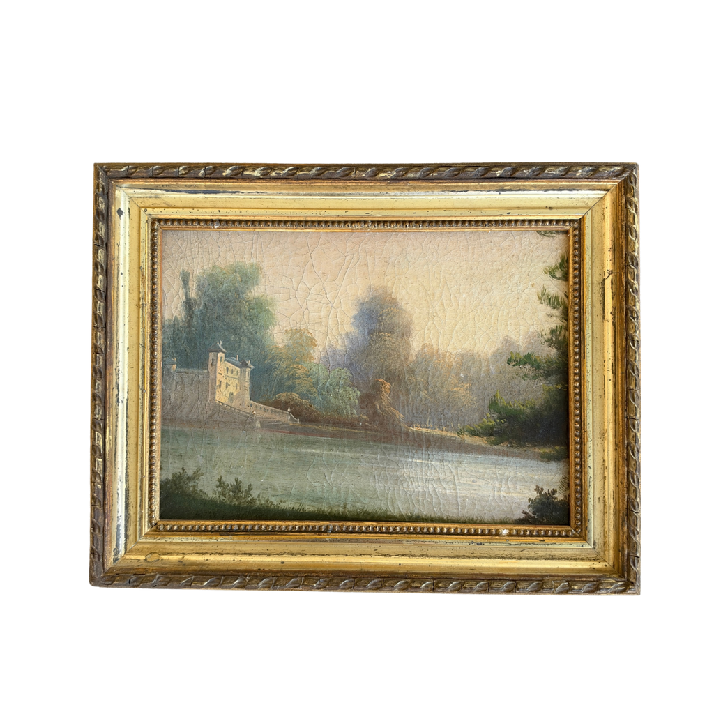 Antique Framed Oil Painting of a Castle on the Water