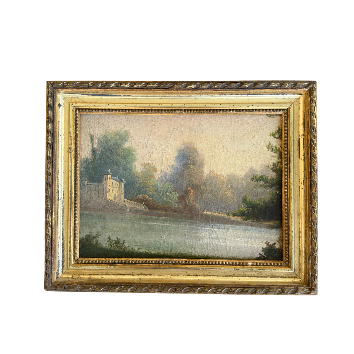Antique Framed Oil Painting of a Castle on the Water
