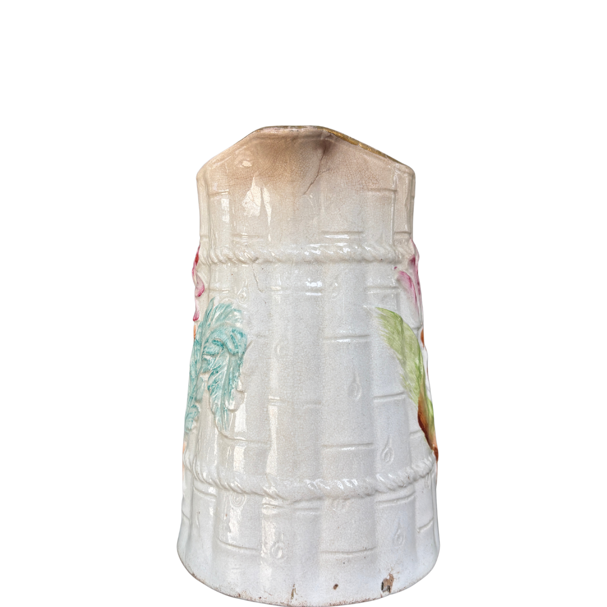 Antique Majolica Floral Bamboo Pitcher