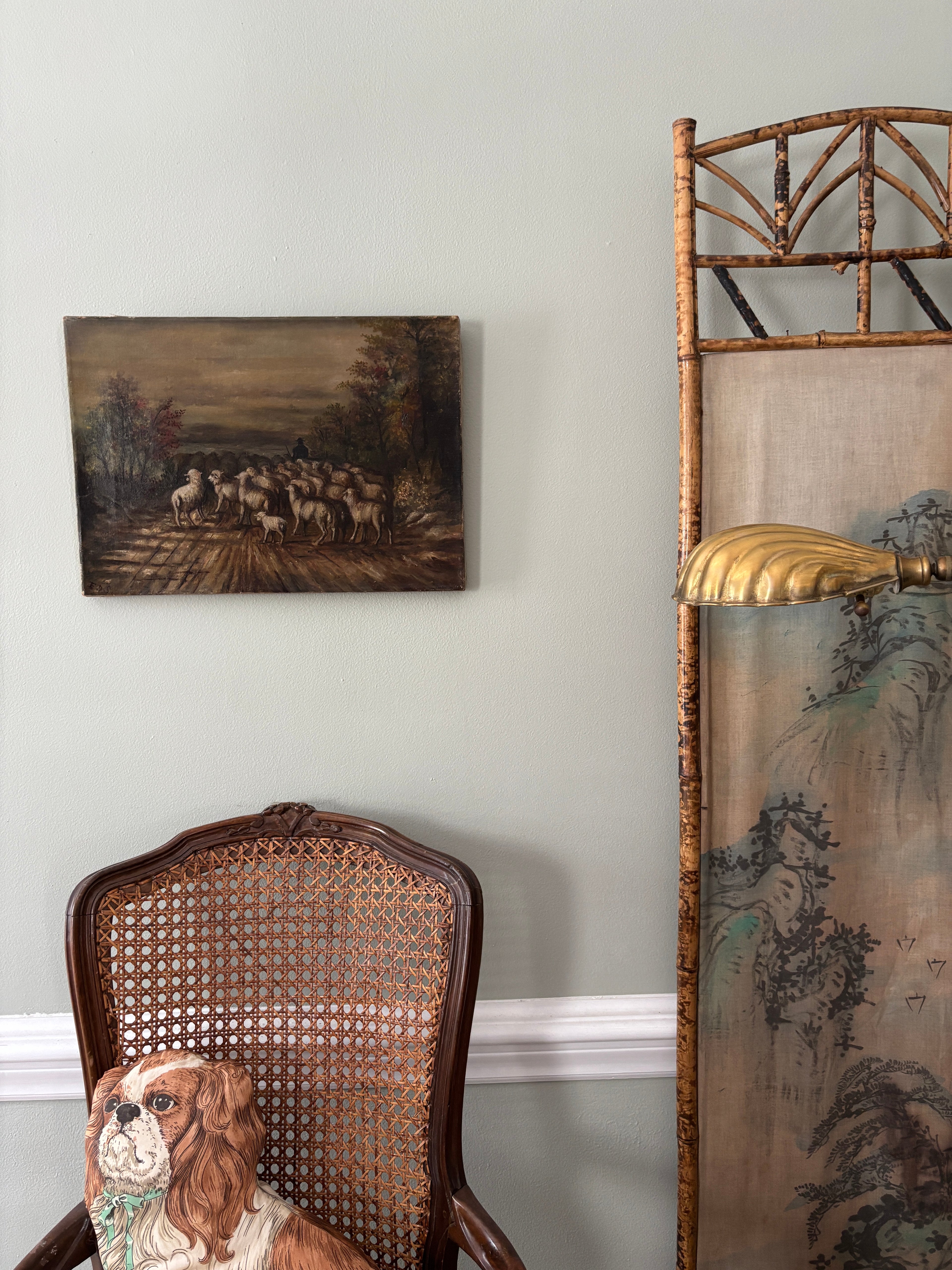Antique pastoral sheep oil painting