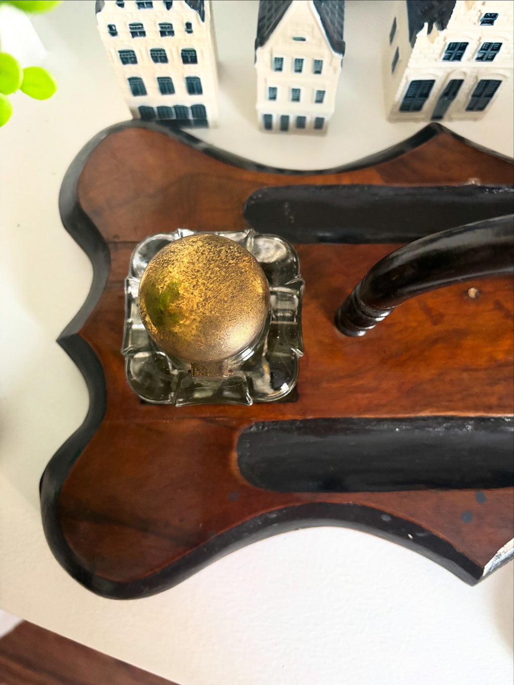 Antique Walnut & Brass Double Inkwell