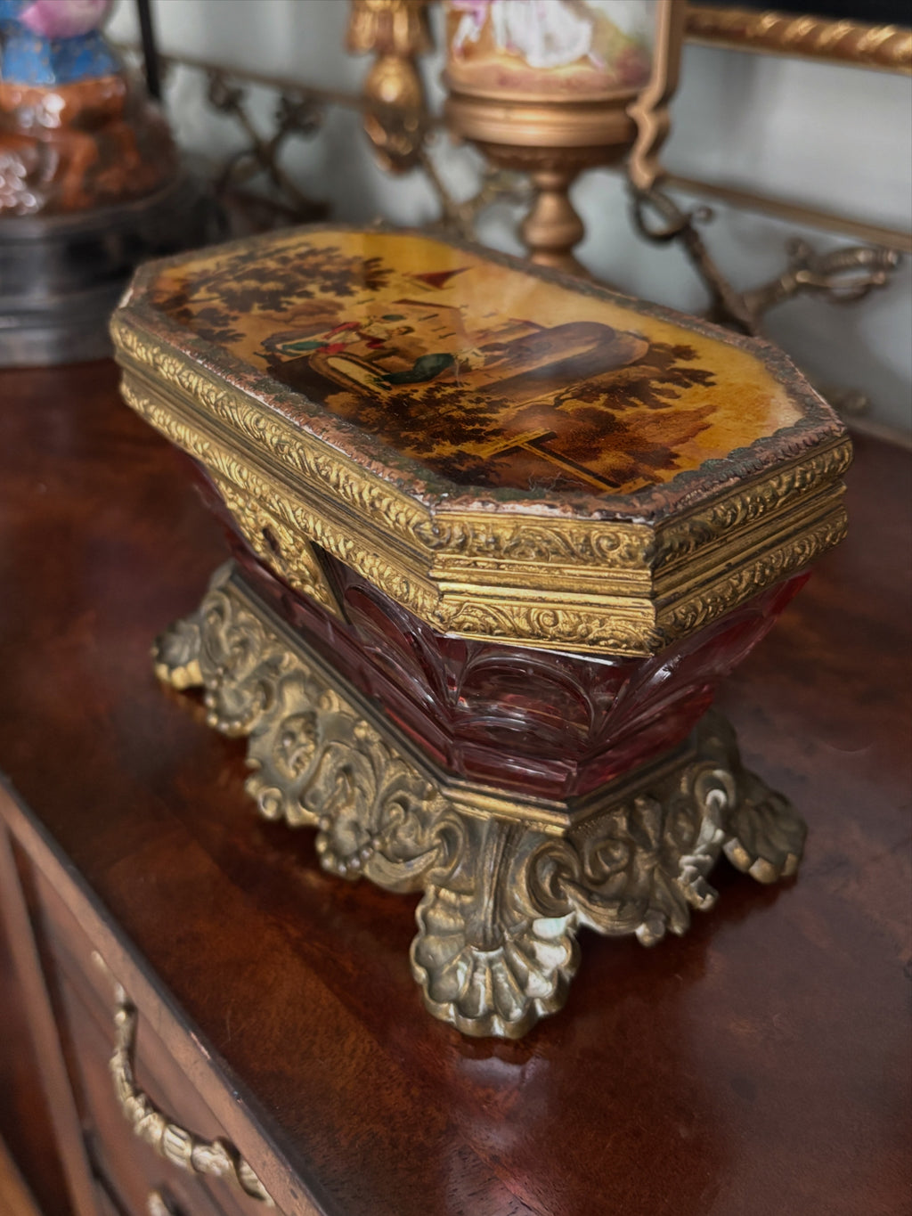 Antique Continental Cranberry Jewelry Casket