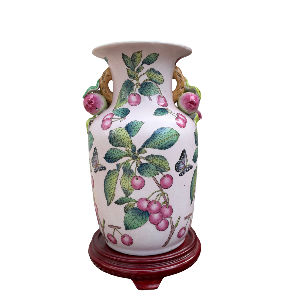 Vintage Andrea by Sadek Cherry & Butterfly Porcelain Vase with Stand