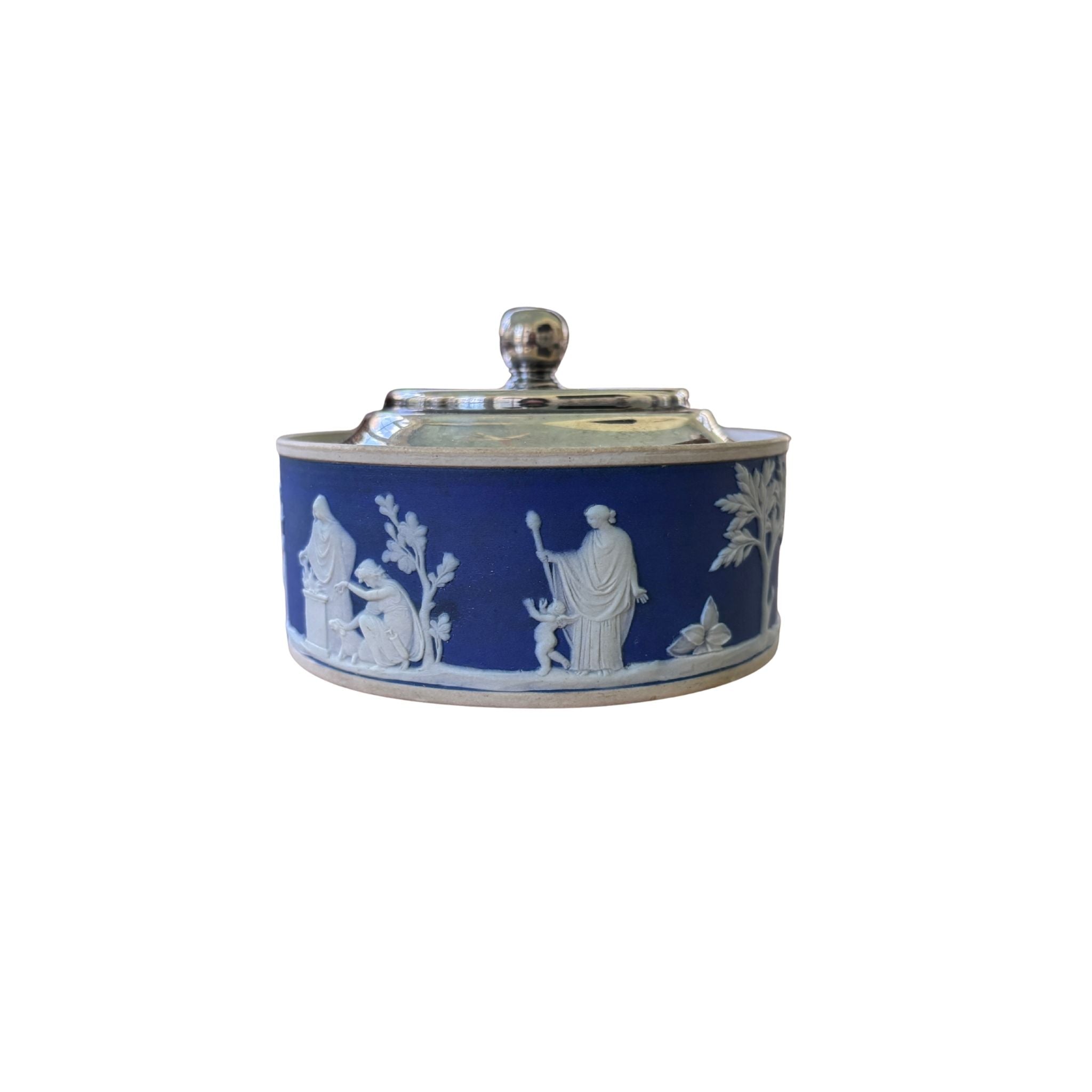 Vintage Cobalt Wedgwood Jasperware Dish with Silverplate Lid