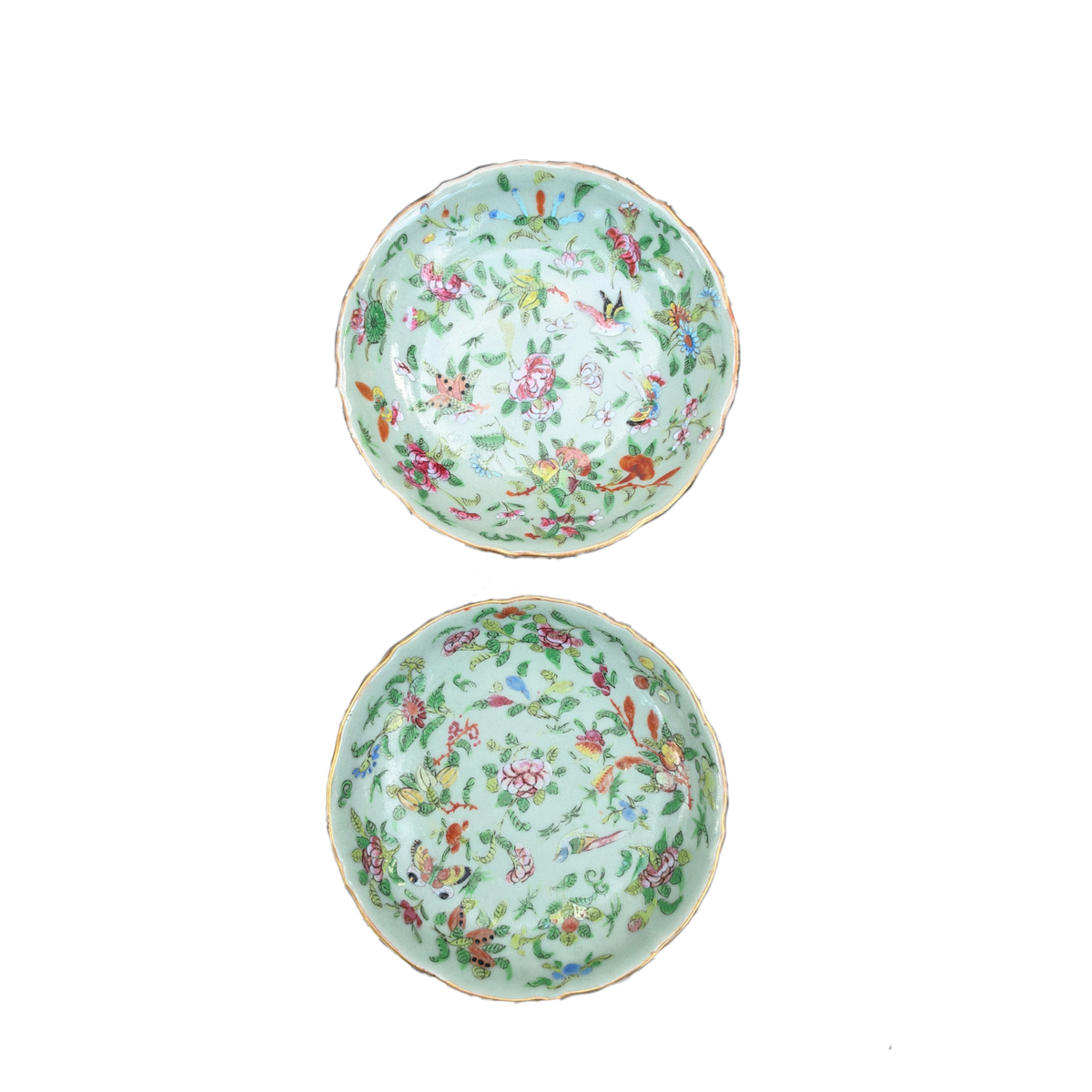 Pair of Antique Chinese Celadon Famille Rose Saucers