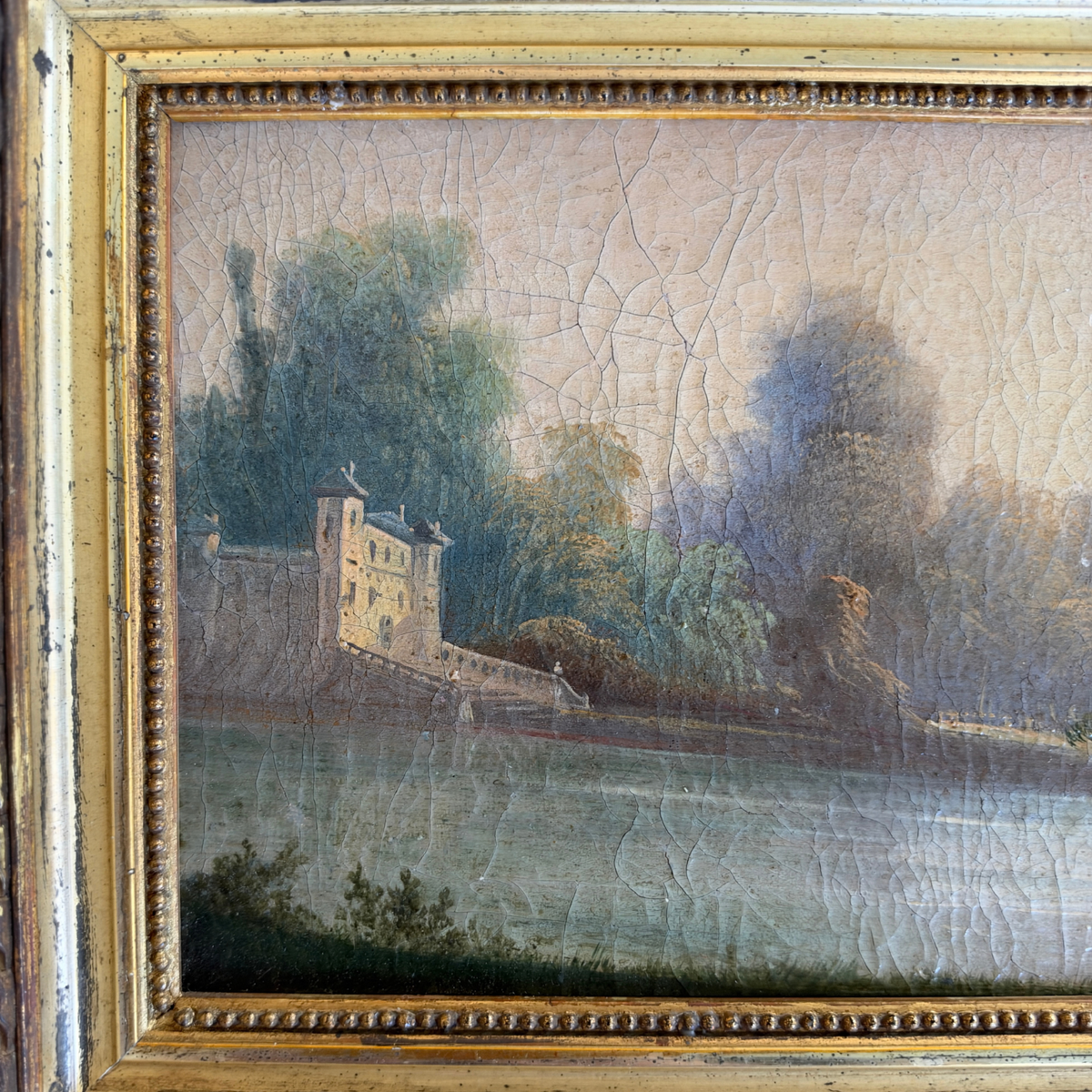 Antique Framed Oil Painting of a Castle on the Water