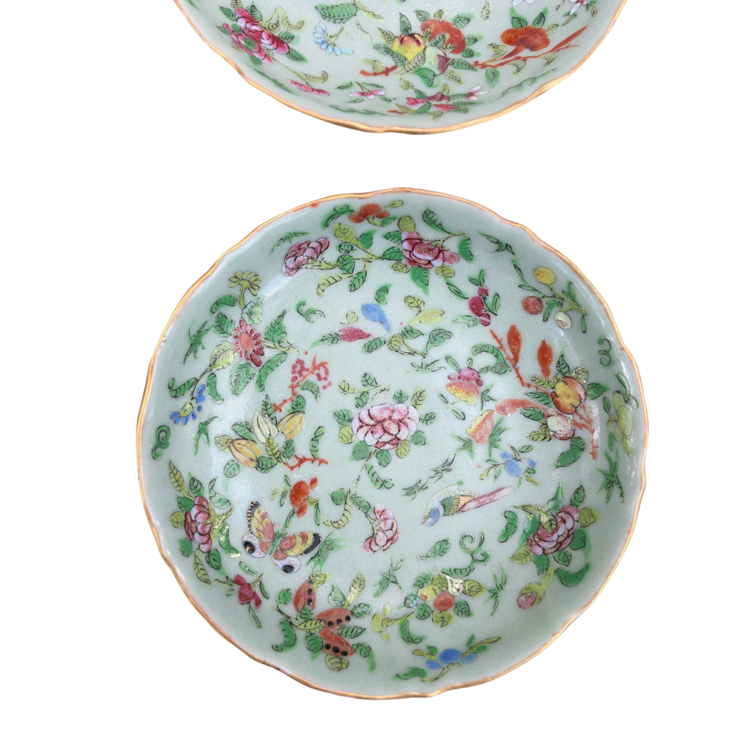 Pair of Antique Chinese Celadon Famille Rose Saucers