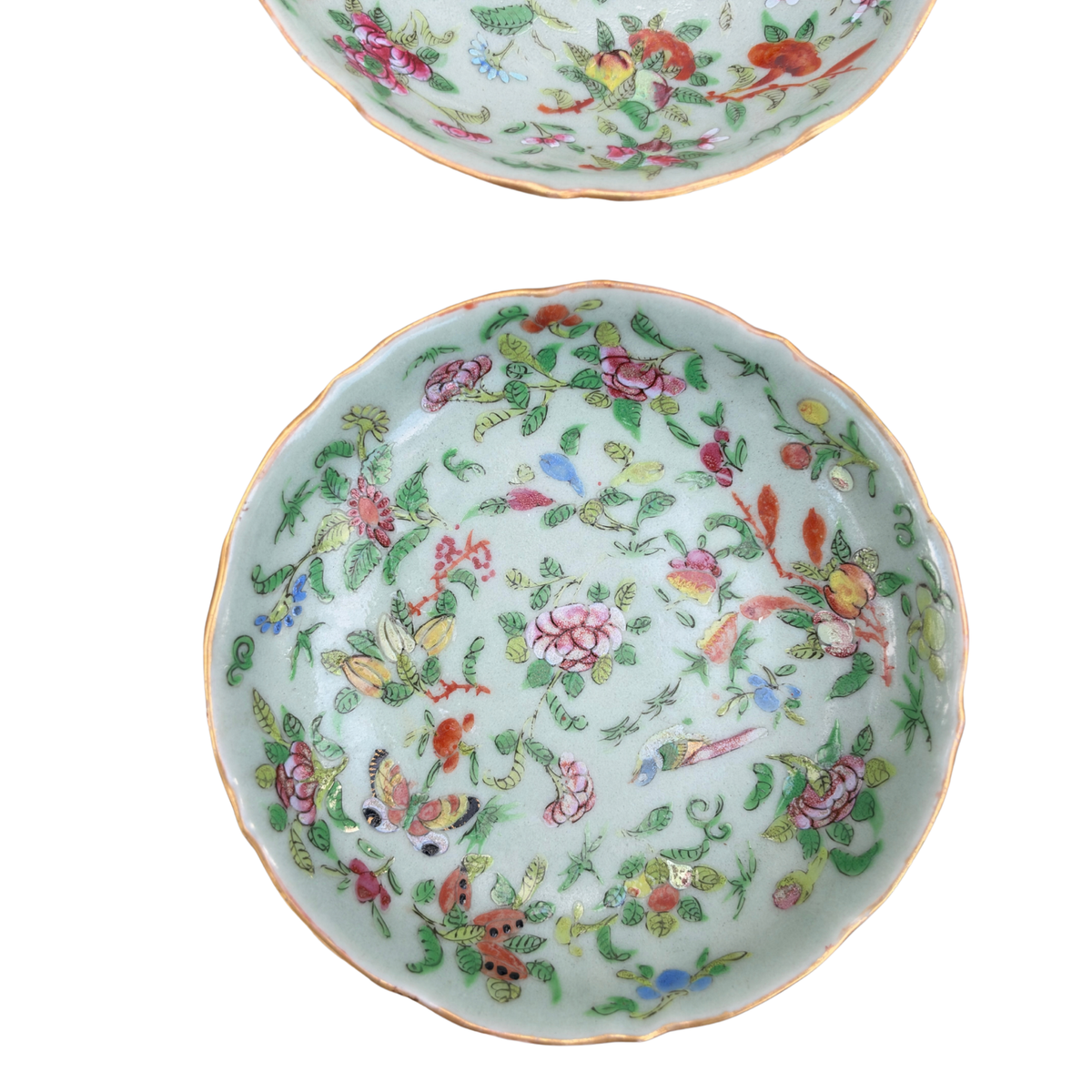 Pair of Antique Chinese Celadon Famille Rose Saucers