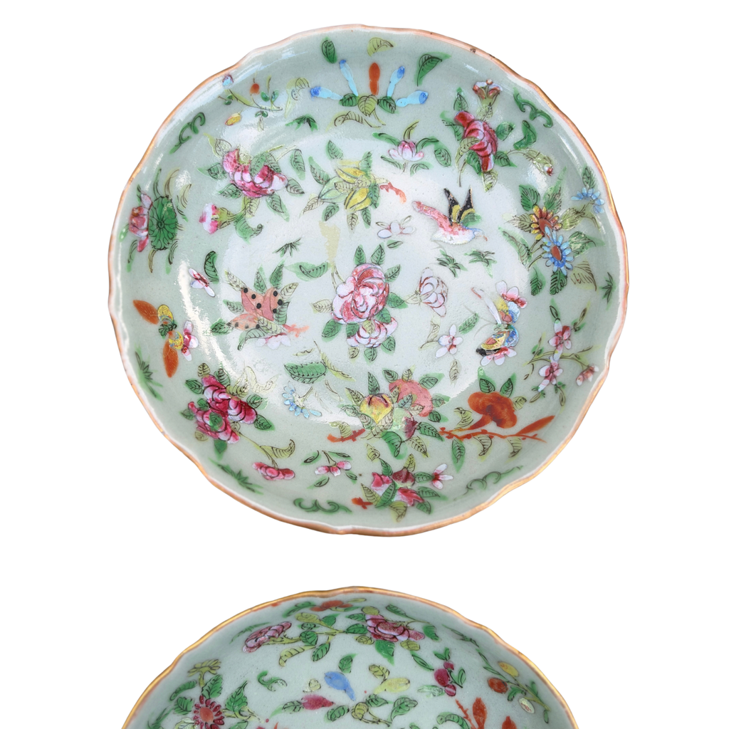 Pair of Antique Chinese Celadon Famille Rose Saucers